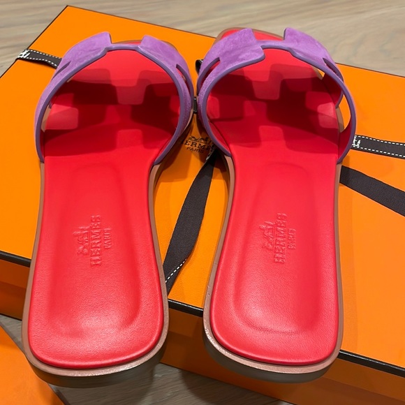 LBNIB AUTHENTIC HERMES Suede Purple & Hot Pink Orans SZ. 38.5 or 8.5 - Picture 9 of 14